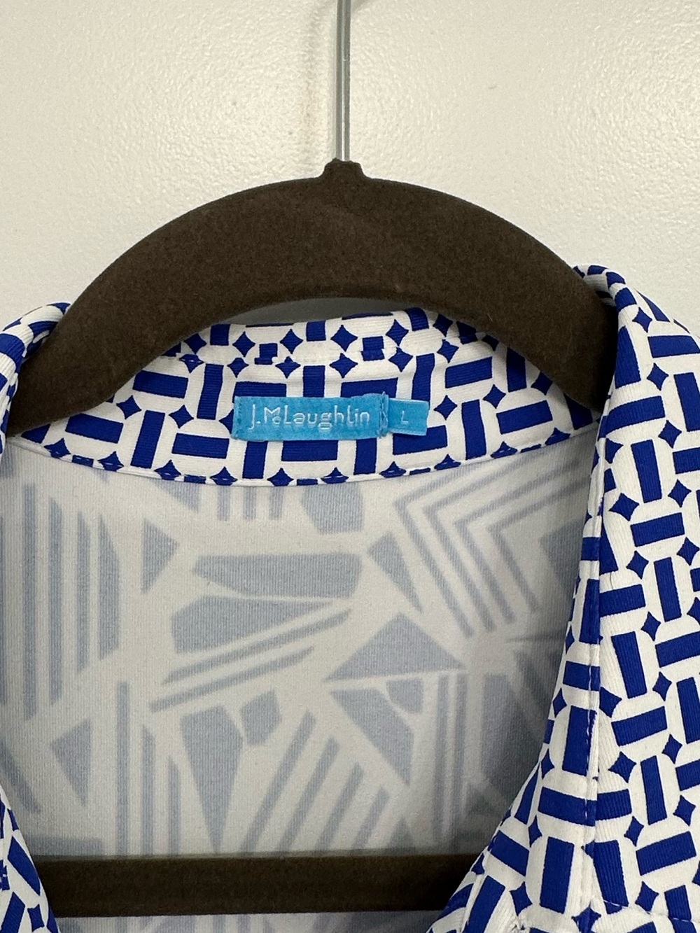 J. McLaughlin Sleeveless Blue and White Geometric Shirt Dress - Picture 2 of 3